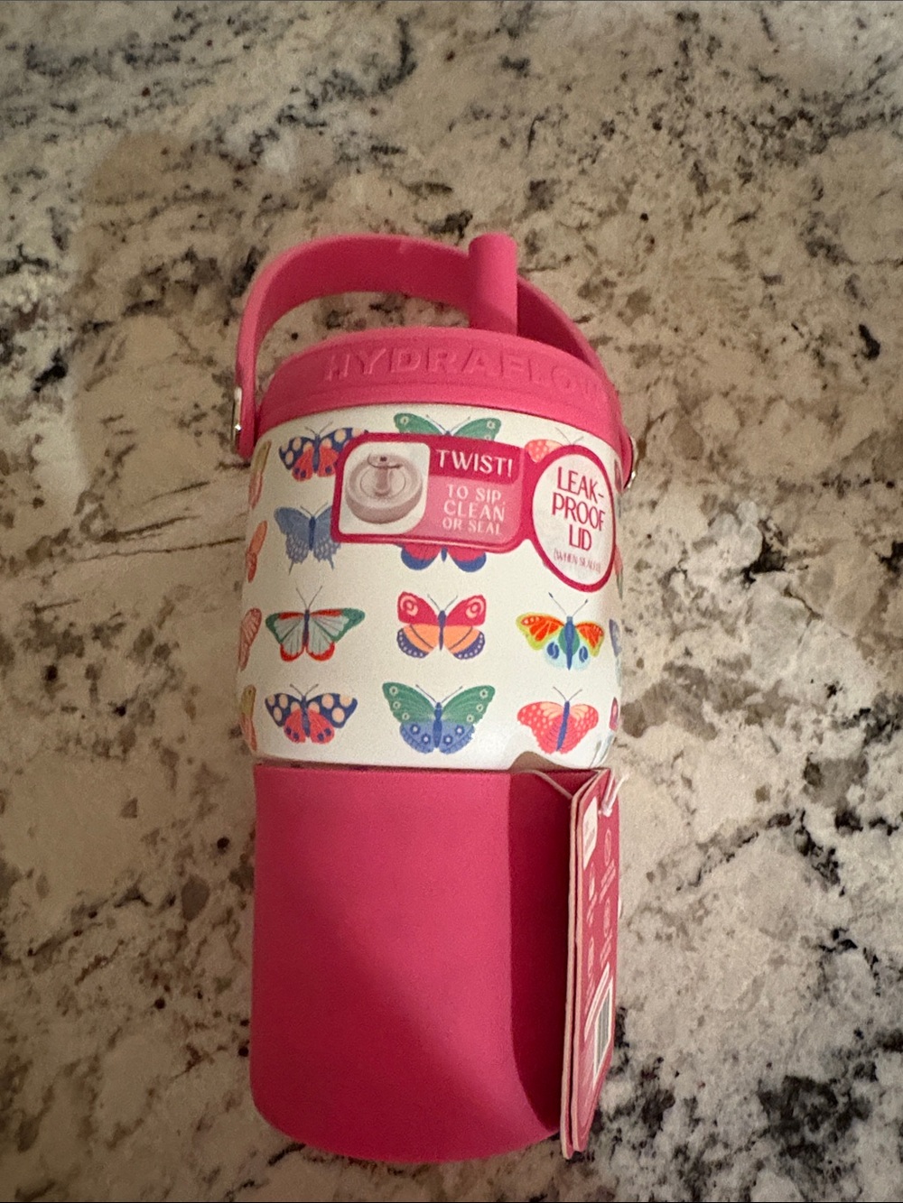 edge Hydroflow Pink Butterfly Kids Water Bottle with Carry Handle